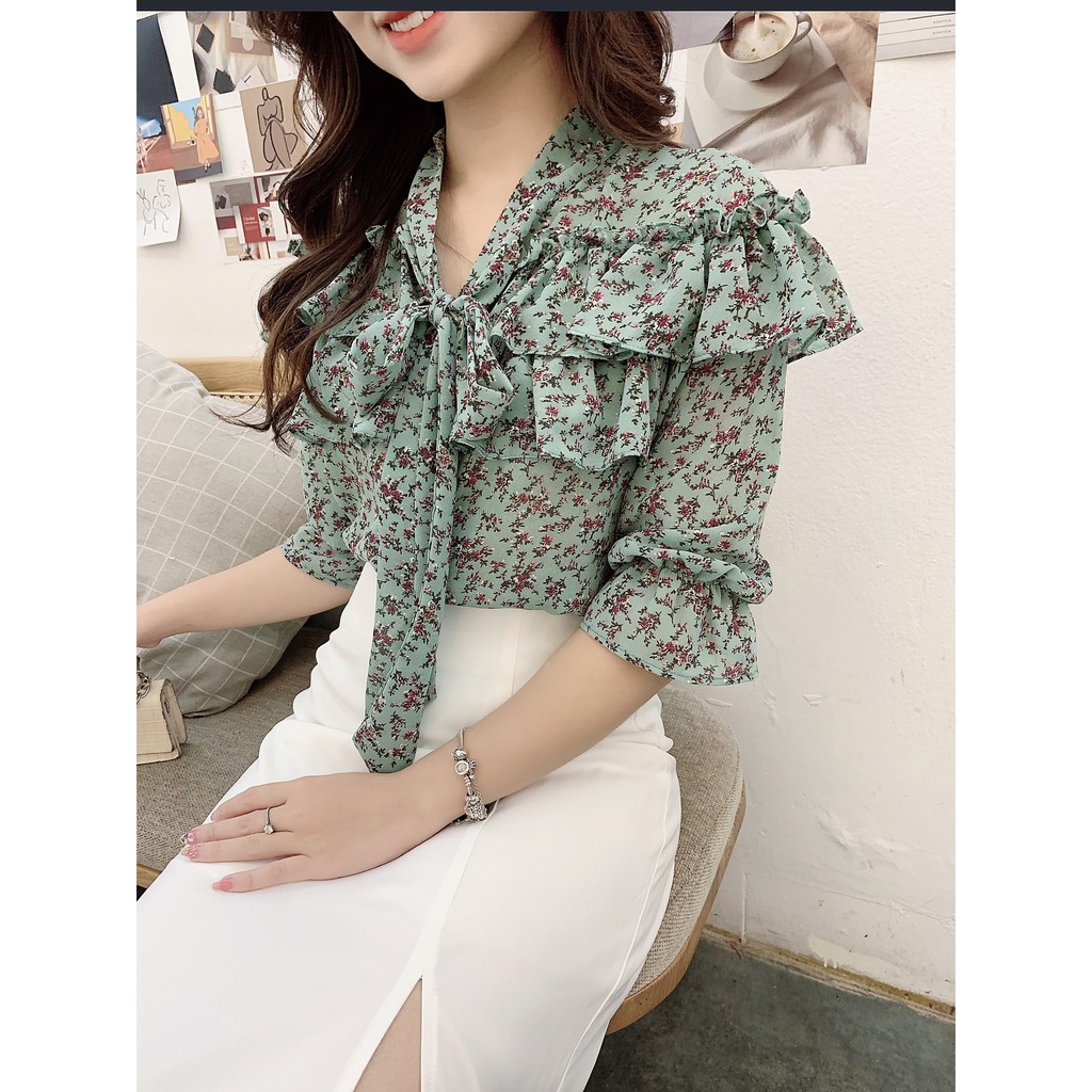 Áo hoa nơ bèo ngực tay lỡ, áo sơ mi hoa nhí cách điệu A896 KYMIE