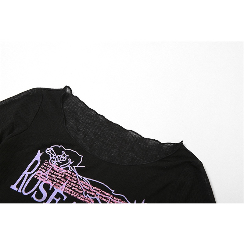 Áo Thun Nữ Dài Tay Cổ Tròn Xẻ Tà In Chữ Thời Trang