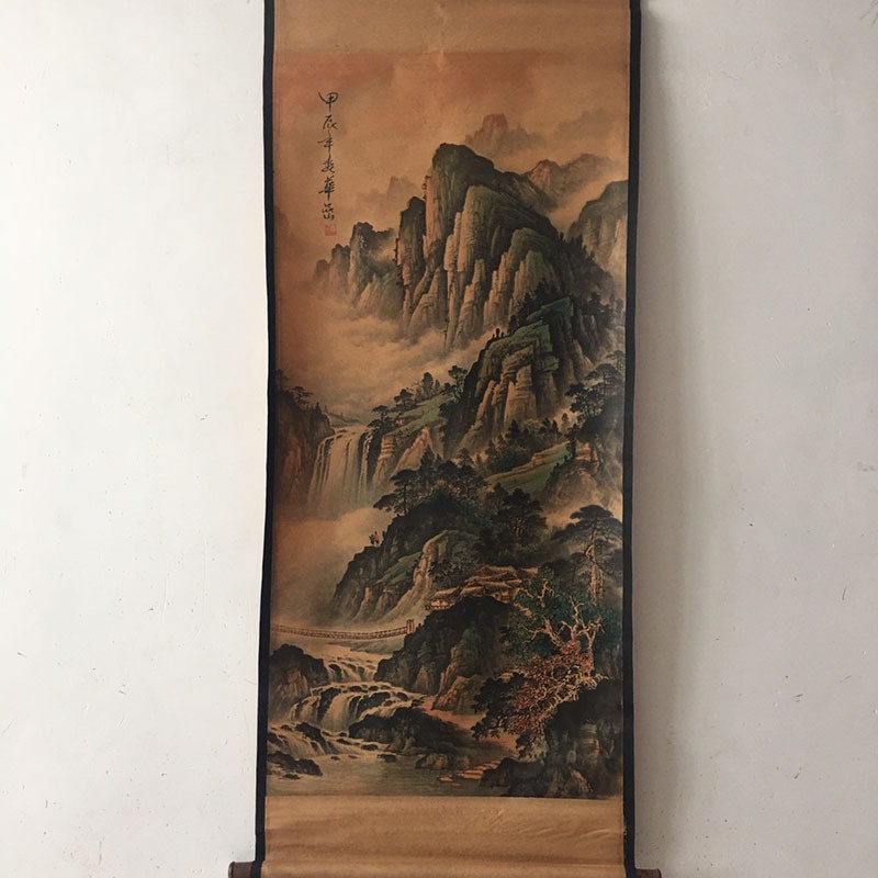 Tranh giả cổ SƠN THỦY của họa sĩ Hoa Nhạc, Tranh giấy xuyến chỉ viền bo lụa size lớn 155 x 74cm