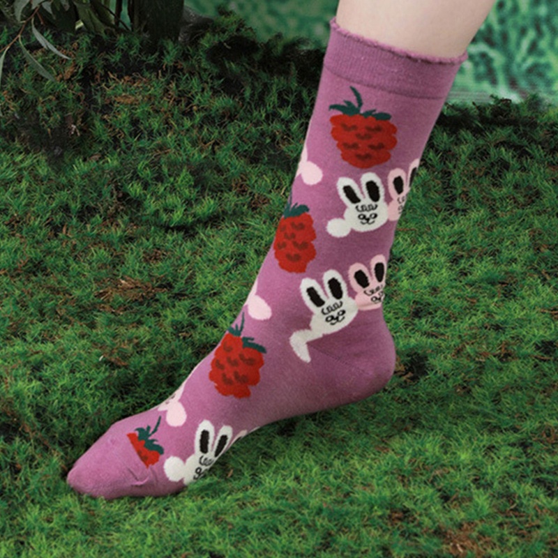 Xiangbao Vớ Cotton Jacquard Họa Tiết Thỏ / Dâu Tây / Gấu Hoạt Hình Dễ Thương Cho Nữ