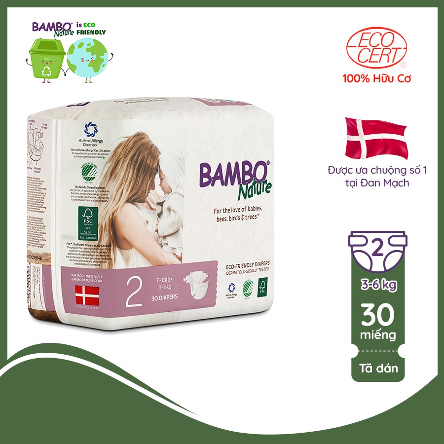 Tã Dán 100% Hữu Cơ Bambo Nature - Nhập Khẩu Đan Mạch - 3-6kg - S30 - 30 miếng