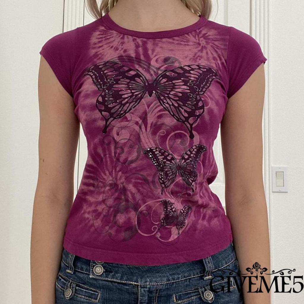 GIVEME-Women’s Casual Short Sleeve T-shirt Vintage Printing Round Neck Exposed Navel Slim Fit Tops