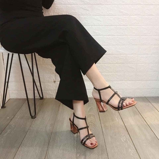 Giày cao gót nữ màu nude 7 phân, đế vuông khoét lỗ, phối dây thời trang sang trọng OCNHI18