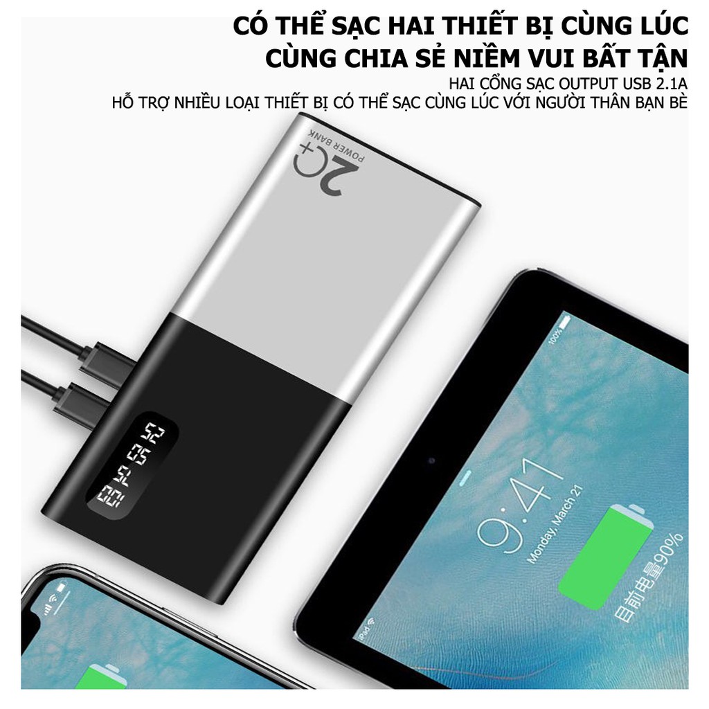 Pin sạc dự phòng GROWNTECH 20000mah, sạc nhanh màn hình LCD 2 cổng USB