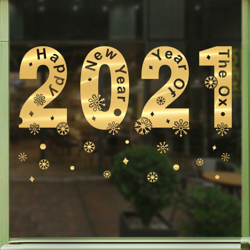 Decal trang trí tết - 2021 Ánh VÀNG - ĐỎ CAO CẤP 03