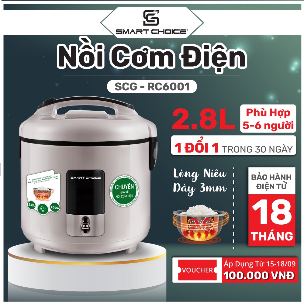 Nồi cơm điện 2.8 lít SMARTCHOICE SCG-RC6001 - Nồi cơm điện nắp rời, lòng Niêu - Hàng chính hãng - BẢO HÀNH 18 tháng