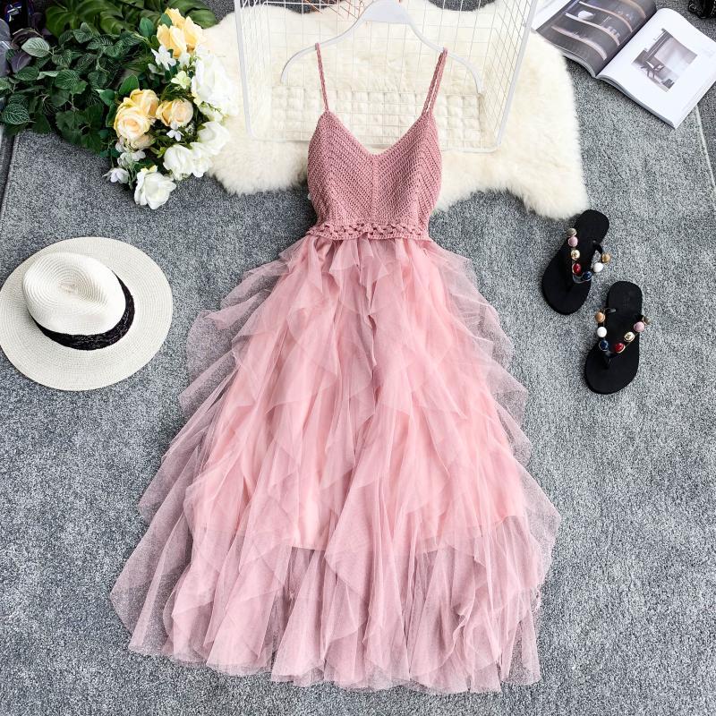 Women Strappy V-Neck Cupcake Sundress Mesh Yarn Holiday Casual Beach Party Summer Long Mixi Dresses