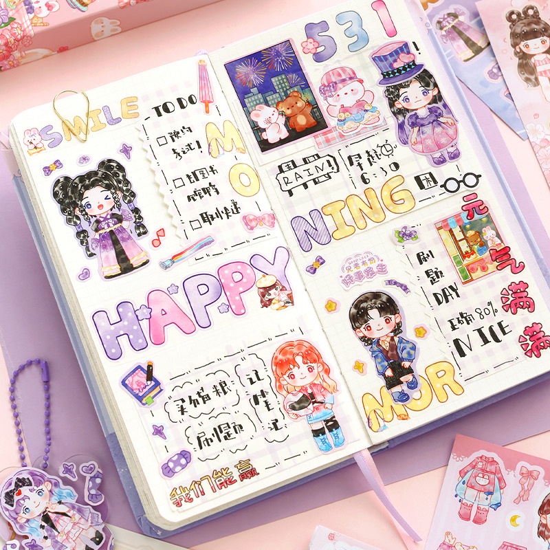 Mr.Paper 3 Kiểu 50 Tờ / Gói Hình dán hoạt hình Cô gái dễ thương Ăn mặc cổ trang Dán sổ tay sáng tạo Nhật ký tài liệu trang trí Tự làm Văn phòng phẩm Dán
