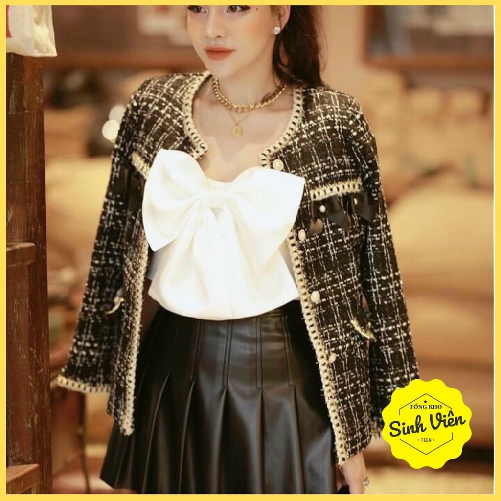 💕Áo khoác dạ tweed, Hoạ tiết nơ túi sang chảnh phong cách Hàn Quốc. Áo khoá dạ phong cách Hàn Quốc | BigBuy360 - bigbuy360.vn