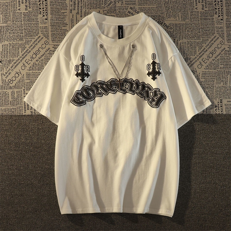 Áo Thun Cotton Ngắn Tay Dáng Rộng Họa Tiết Chữ Thập Phong Cách Âu Mỹ Retro Cho Nam