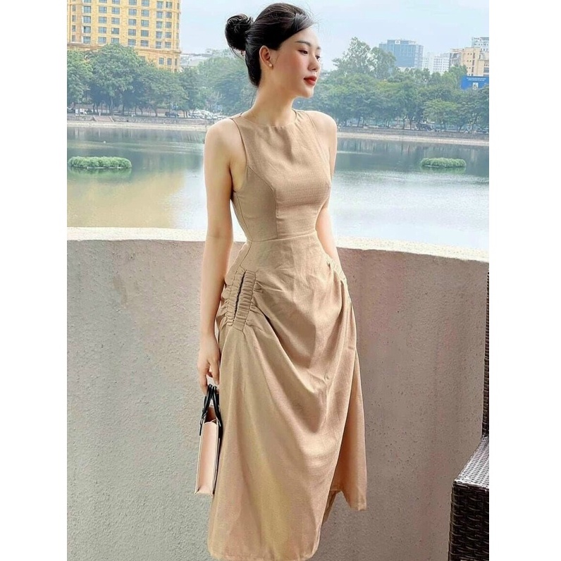 Đầm Cut Out Dáng  Xòe Dài Ôm Body Thiết Kế Túi Sườn Be 2 Bên Dự Tiệc Dạo Phố Sang Chảnh Thời Trang Váy Nư