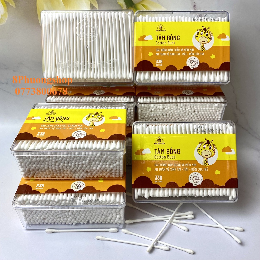 Tăm Bông 336 Que HỘP CHỮ NHẬT Bông Bạch Tuyết Cotton Buds vệ sinh cho bé và người lớn