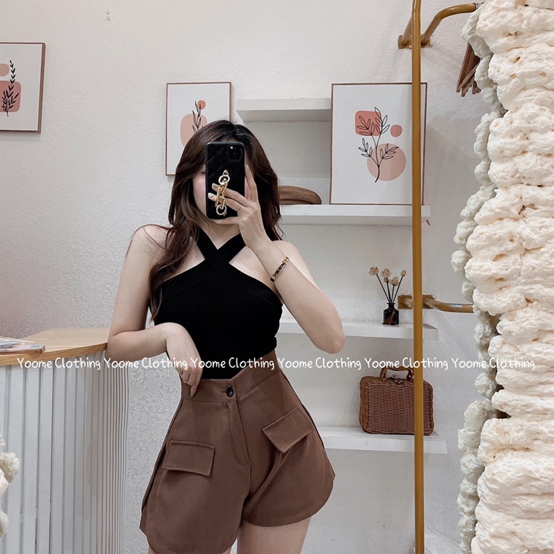 Áo croptop cổ yếm cổ xoắn chất cotton hàn ôm dáng cho nữ Yoome clothing