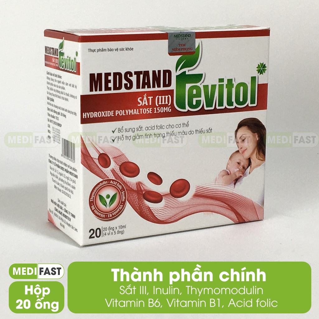 Thực phẩm bổ sung sắt cho bà bầu dạng ống - Không gây táo bón - Hộp 20 ống Medstand Fevitol