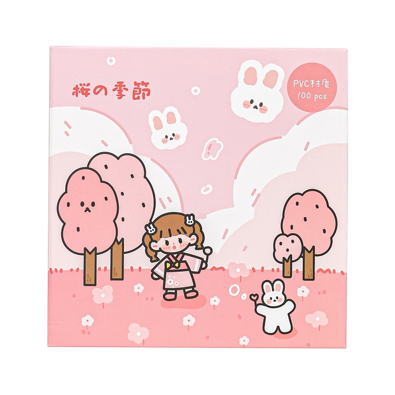 Hộp 100 tờ nhãn dán trang trí bằng PVC họa tiết hoạt hình đáng yêu