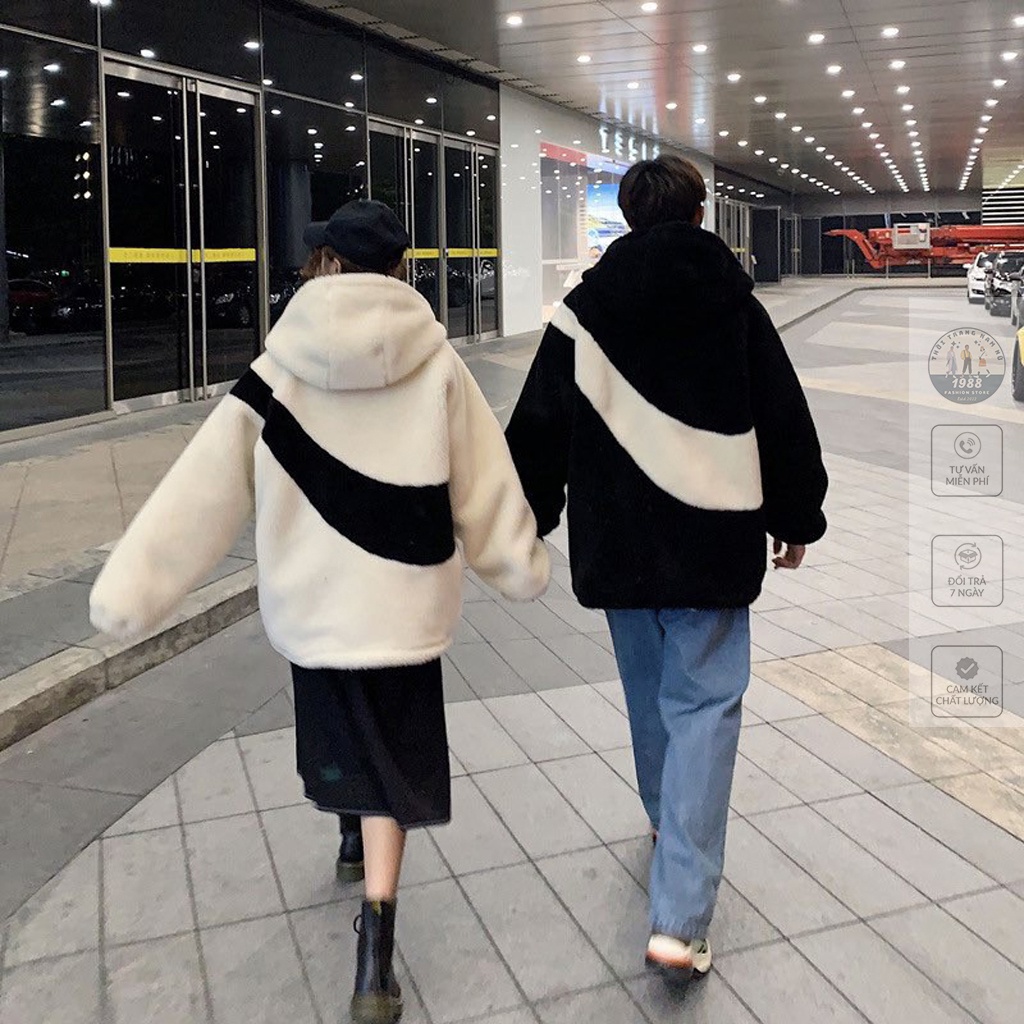 Áo Khoác Lông Cừu Phối Màu Đen Trắng, Áo Hoodie Lông Cừu Unisex Dáng Rộng