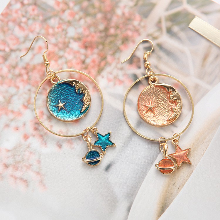 Cô gái Dreamlike Dangle dài Star &amp; Moon Earrings