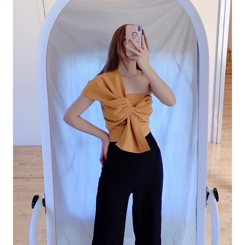 Áo kiểu nữ croptop kết nơ lưng bo thun Amee