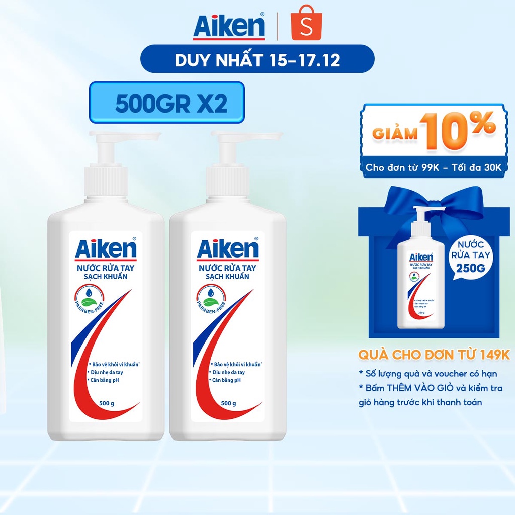 Aiken Combo 2 nước rửa tay xà phòng sạch khuẩn 500g/chai