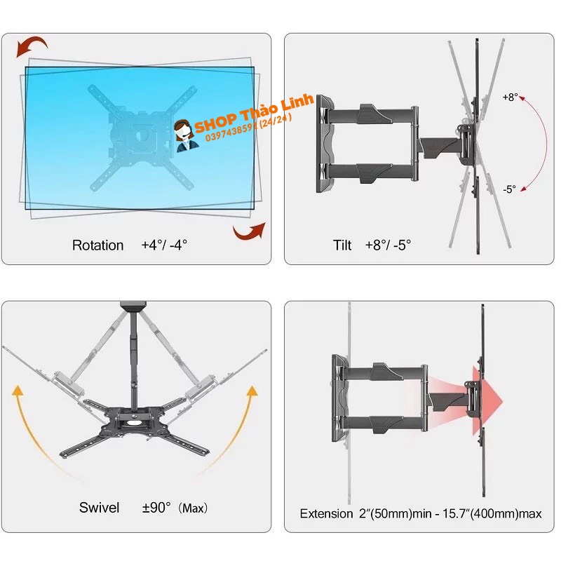 Giá treo, Khung treo tivi xoay đa năng North Bayou NB-P4 từ 32 đến 55 inch - Tải trọng tối đa 27Kg - Xoay mọi góc độ