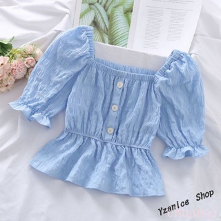 Áo chiffon tay ngắn phồng xếp ly ôm dáng phong cách Hàn Quốc thanh lịch cho nữ