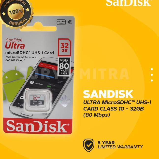 Micro Sd Sandisk Ultra Microsd 32gb 80mb / S Microsdhc Uhs-I Class 10