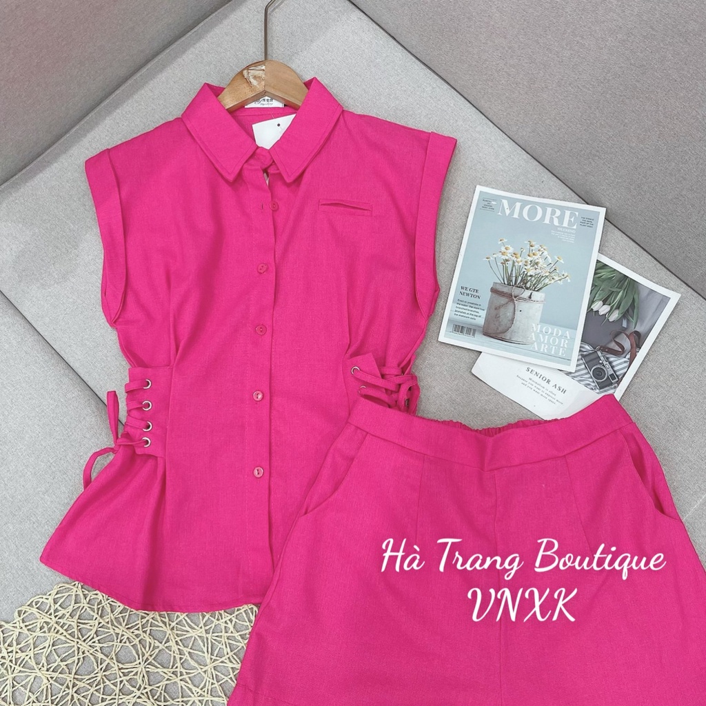 Set đồ nữ vải đũi linen, bộ đồ đan dây áo cổ đức kết hợp quần short nữ