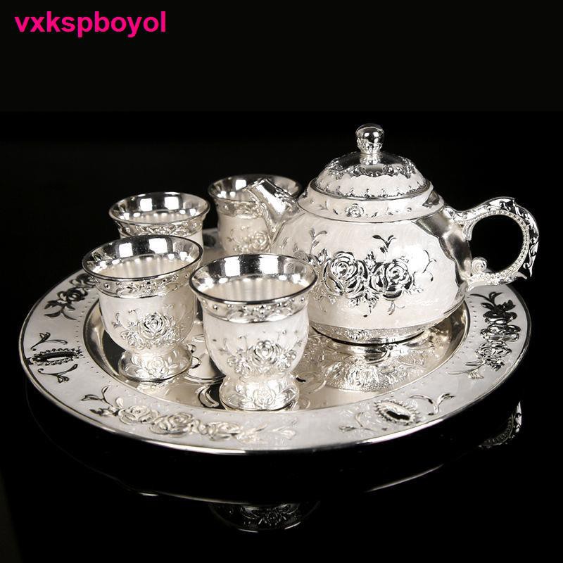 đồ ănBộ ấm trà bạc 999 1 khay 4 tách phong cách Châu Âu đặt gói quà tặng tại nhà