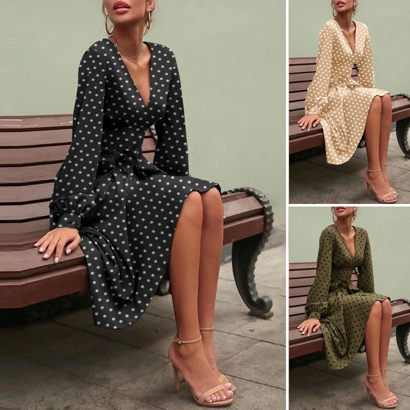 Đầm maxi Zanzea tay dài cổ chữ V in chấm B hợp thời trang