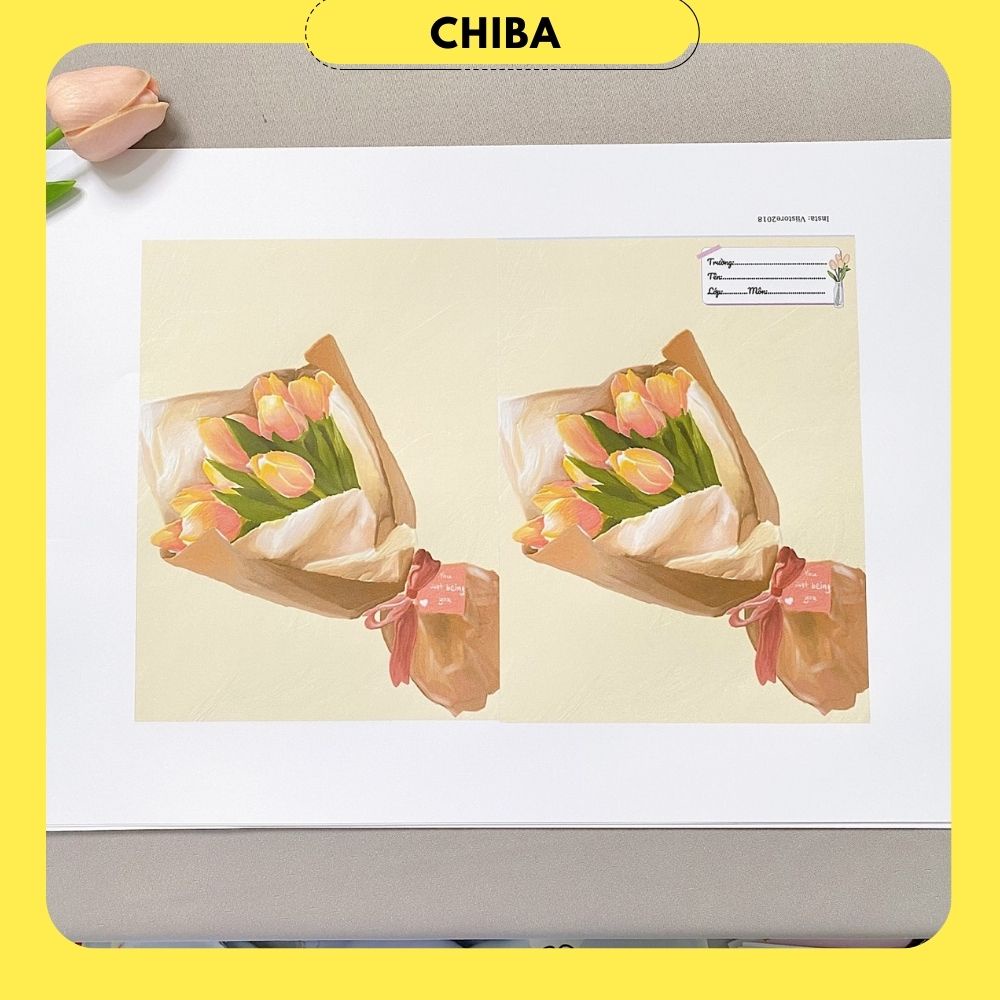 Bao sách, Bao vở hình tulip màu nhẹ nhàng, in nhãn vở miễn phí, hình thật shop tự chụp - Chị Ba House