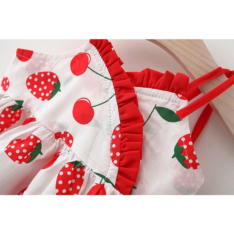 Đầm hai dây Nina Kids in họa tiết trái dâu tây phối mũ vành dễ thương thời trang mùa hè cho bé gái từ 1 - 5 tuổi