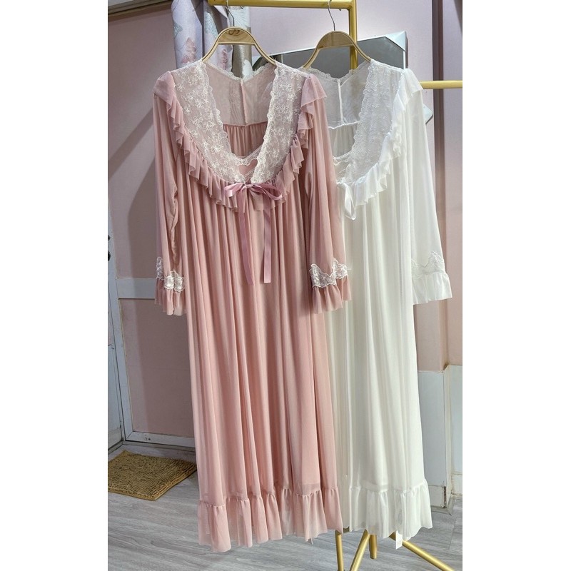 Bộ ngủ bánh bèo ren lưới cao cấp quảng châu (áo choàng + váy)