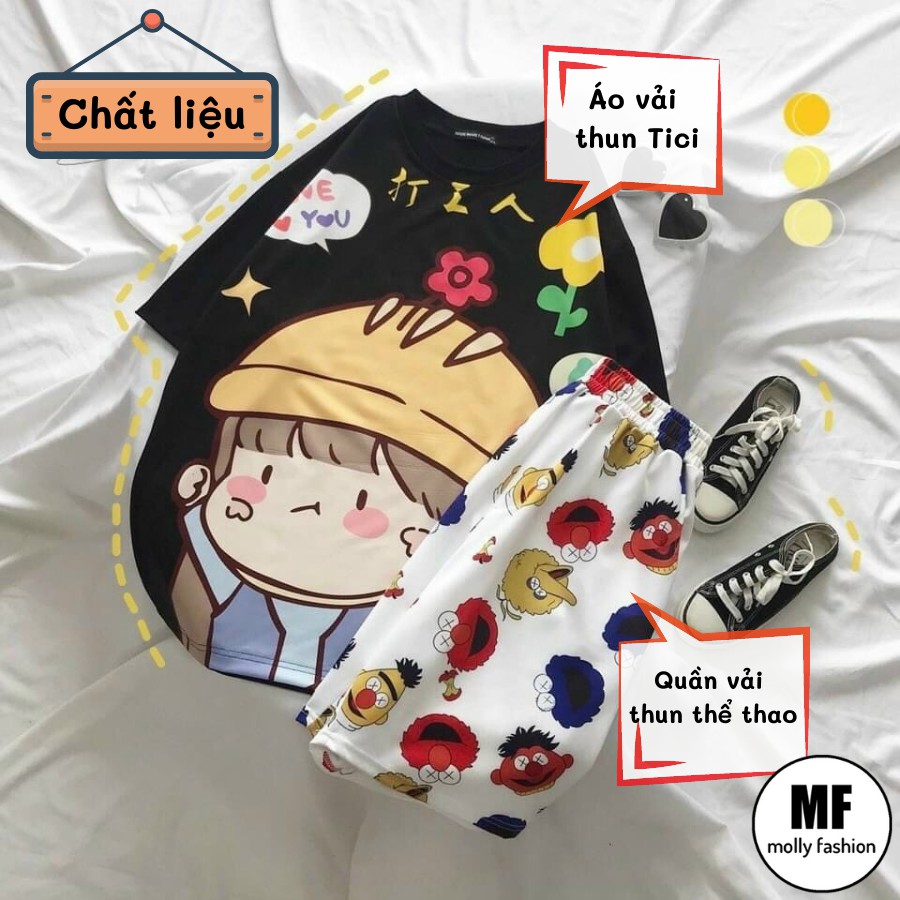 Set đồ bộ hoạt hình ❤️ Bộ mặc nhà Cartoon BOY MŨ VÀNG form rộng Unisex nam nữ Molly Fashion