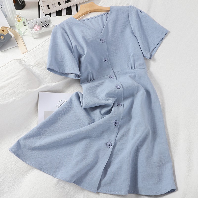 Váy Nữ Cộc Tay Cổ V Thắt Nơ Eo Chất Cotton Trơn Nhiều Màu Hàng Quảng Châu Loại 1 D03