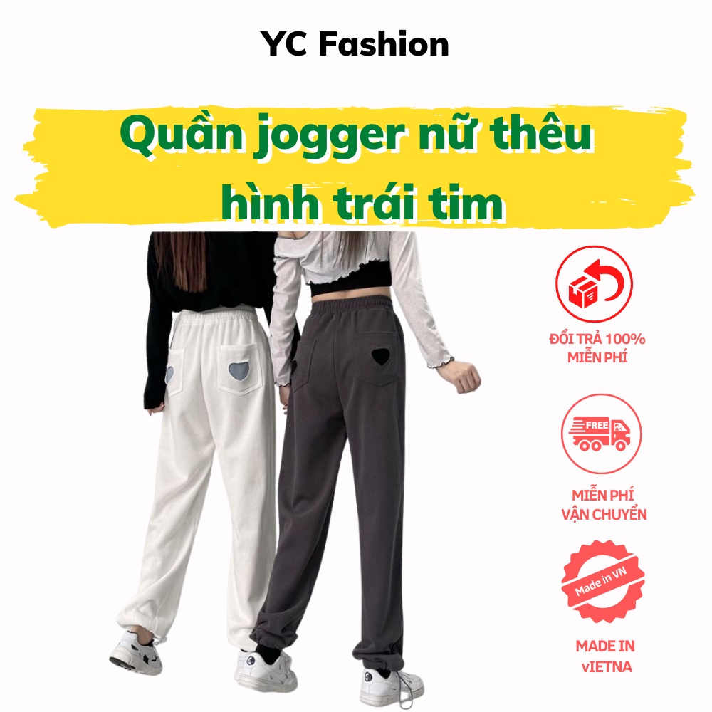 Quần jogger nữ unisex 💖YC Fashion💖 Quần ống rộng nữ nỉ thun da cá dày dặn dáng suông thêu hình trái tim SP7