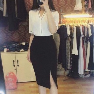 Áo sơ mi công sở nữ lụa viền cổ ngắn tay