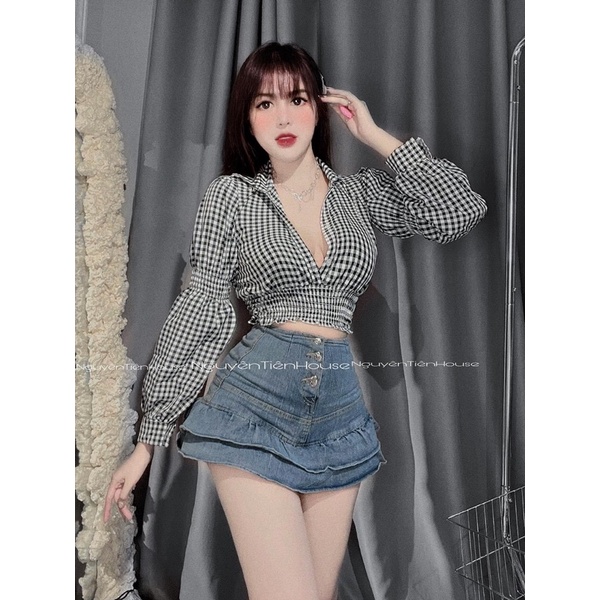 Set áo croptop caro nhún eo tay phồng và chân váy jean tầng