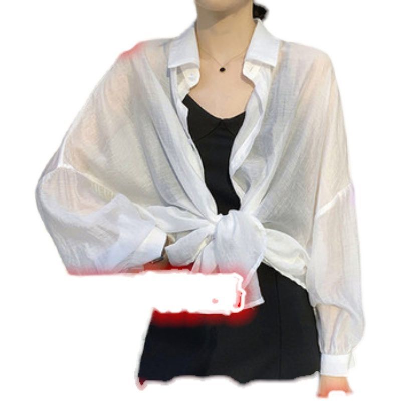 Áo khoác sơ mi RENJIANVSHENG 156301 chiffon tay dài dáng rộng màu trơn phong cách Hàn Quốc thời trang chống nắng cho nữ