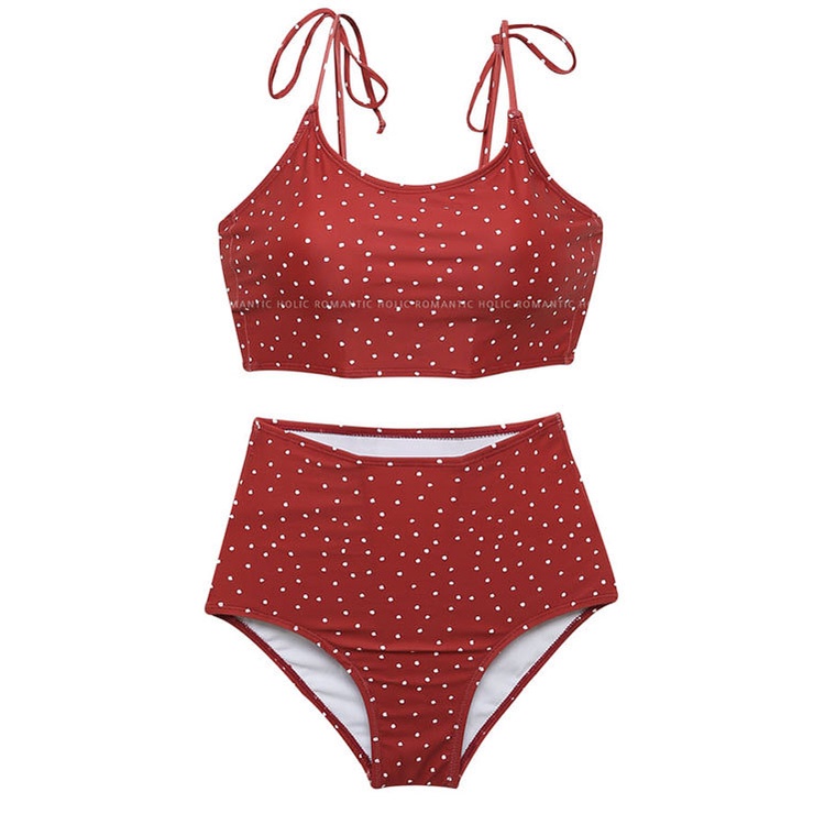 Đồ Bơi Nữ Bikini Hàn Quốc Mới Nhất 2021(Video Thật) 2 Mảnh Có Mút Lót Ngực Màu Đỏ Chấm Bi Cạp Cao Basic Swimwear | BigBuy360 - bigbuy360.vn