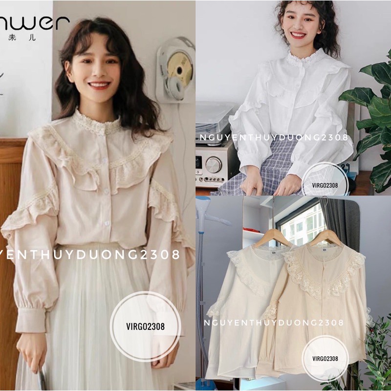 [Ảnh thật/Video/Sẵn]Áo sơmi cổ tàu viền ren ngực tay ulzzang