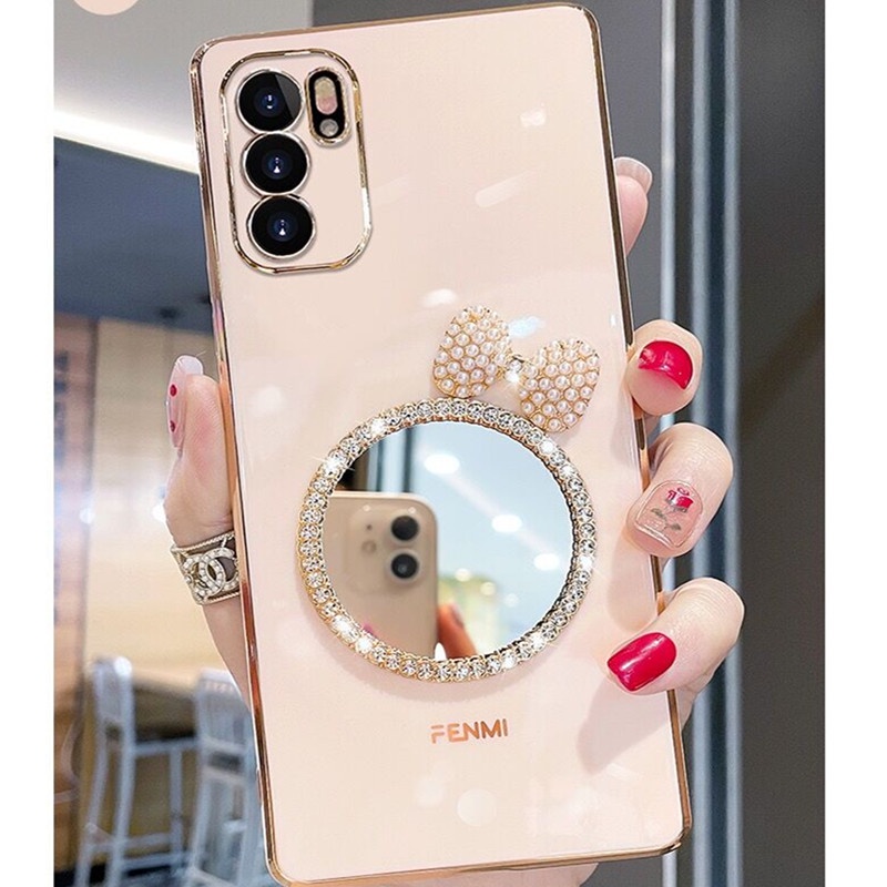 Ốp Điện Thoại Mềm Tráng Gương Trang Điểm Đính Nơ Và Ngọc Trai Cho OPPO Reno6 Reno6 Z 5G Reno6 Pro 5G