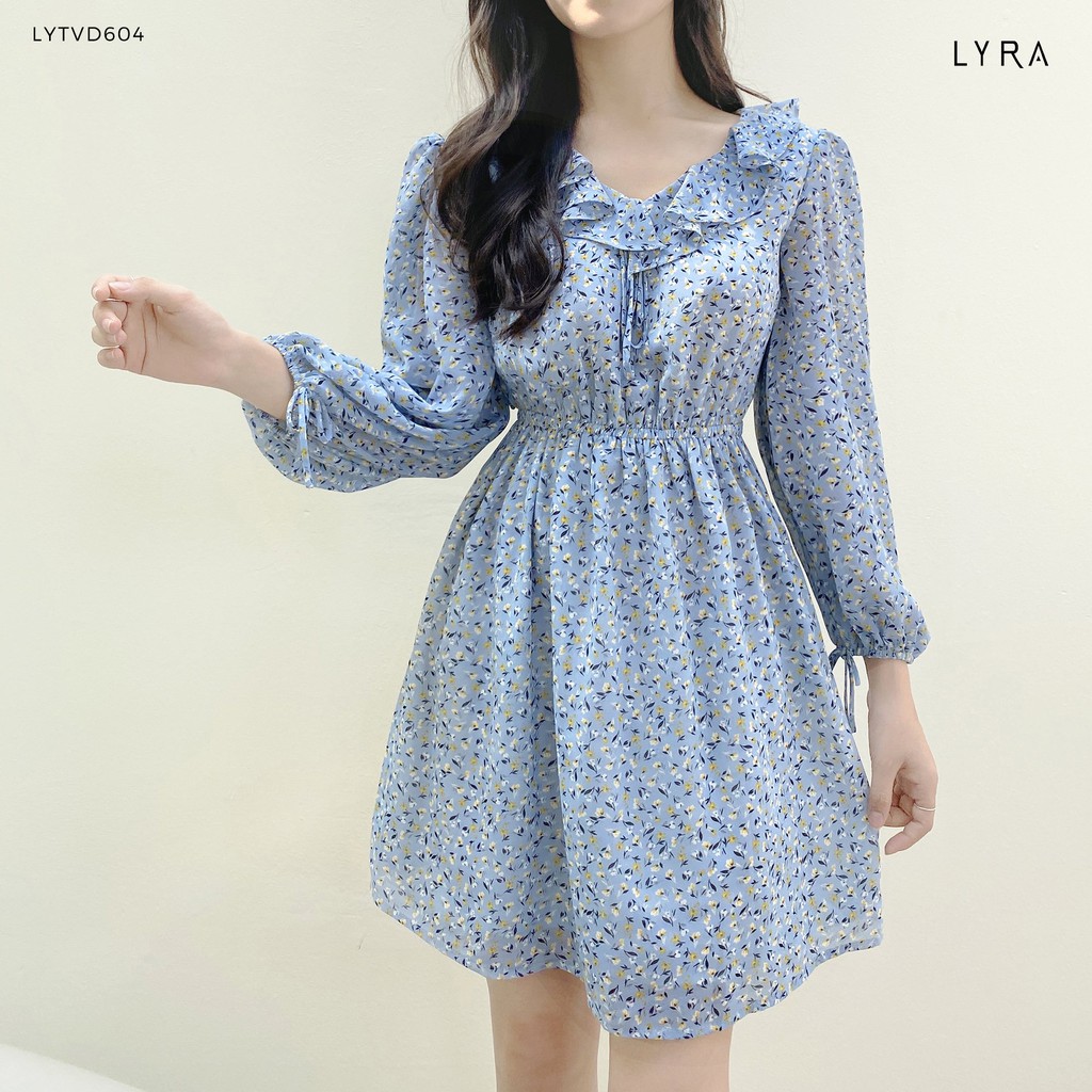 Váy hoa nhí nữ cổ tim kẹp bèo thiết kế by LYRA, vải voan chun eo lên dáng đẹp phối bèo nữ tính-LYTVD604