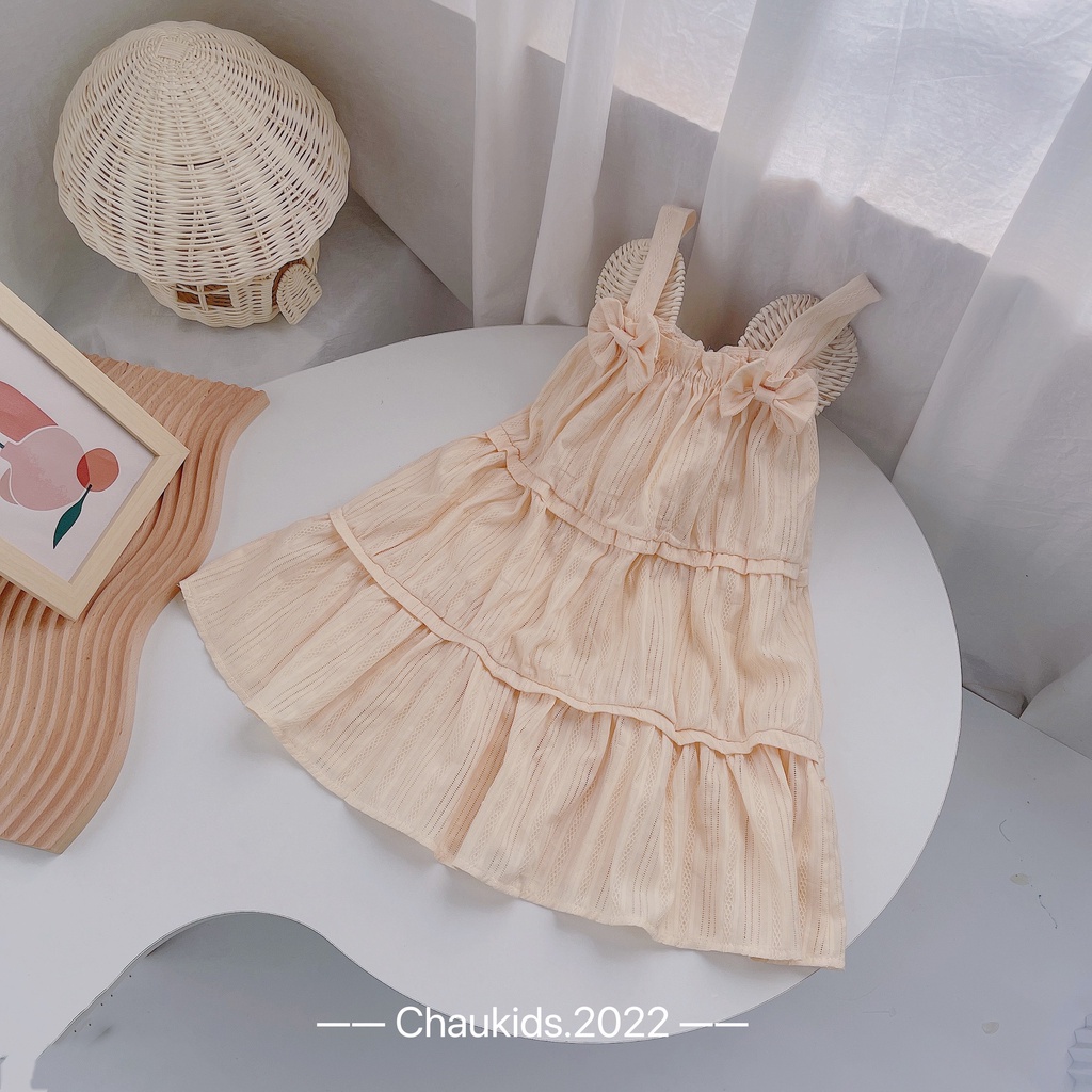 Váy babydoll dáng xòe 3 tầng cho bé gái, váy 2 dây nơ 2 bên chất thô giả 3 tầng cho bé
