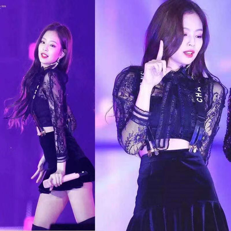 Jennie blackpink Áo Nữ Phối Ren + Chân Váy Phong Cách Nhạc jazz