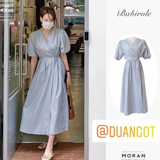 Váy MORAN tay phồng cổ V vắt chéo thắt eo xòe dài vintage điệu đà đơn giản thanh lịch