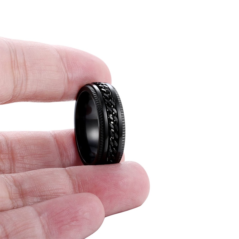 Hàng Có Sẵn] Nhẫn Thép Titan Khắc Họa Tiết Dây Xích Có Thể Xoay Được Cho Nam