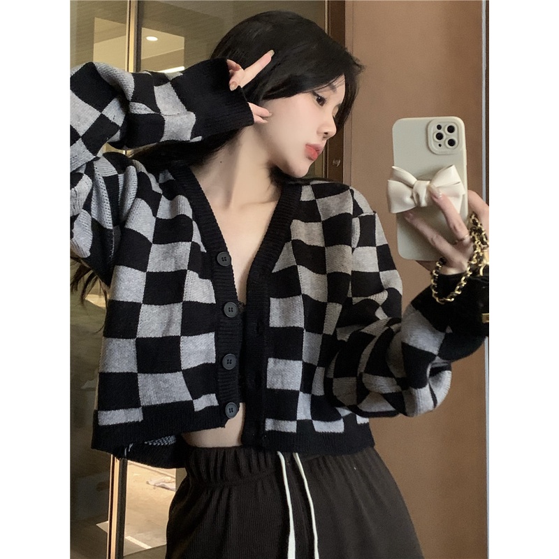 Áo Cardigan Dệt Kim Tay Dài Dáng Rộng Cổ Chữ V Phối Màu Tương Phản Thời Trang Mùa Thu