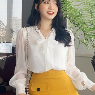 Áo Sơ Mi Nữ Voan Tay Dài Cổ Thắt Nơ Thời Trang Cho Nữ đủ Size S- XL