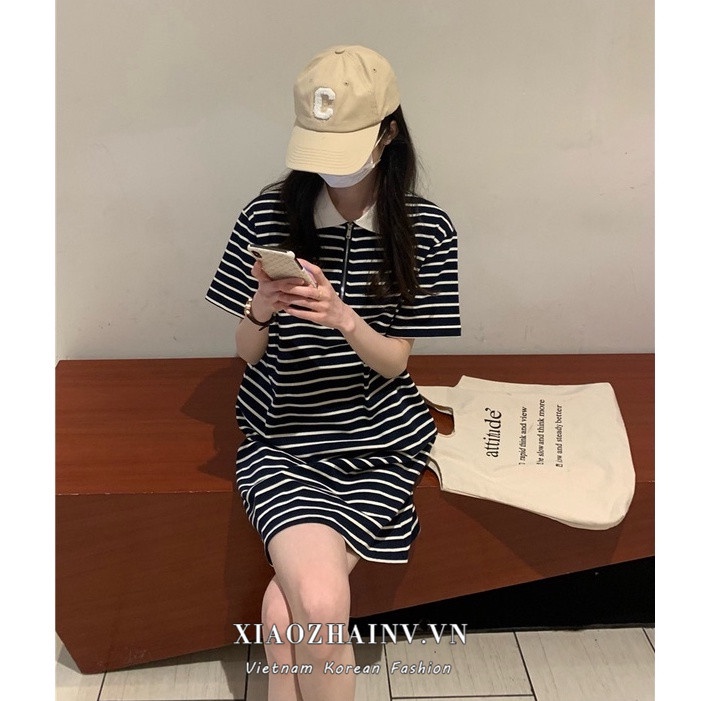 Đầm polo XIAOZHAINV ngắn tay kẻ sọc phong cách Hàn Quốc thời trang hè cho nữ