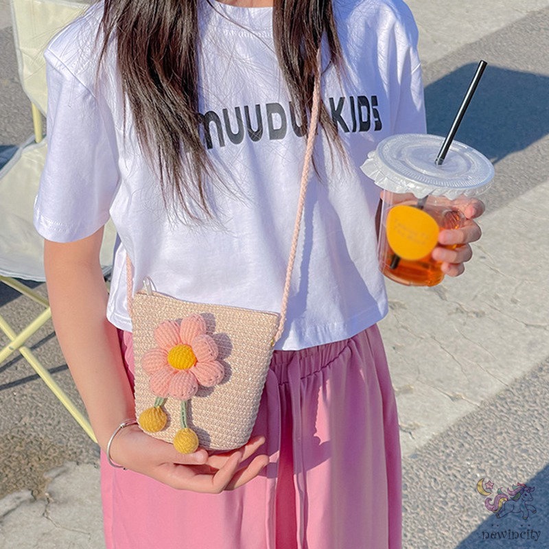 Túi Đeo Chéo Vai Hình Vuông Mini Đính Hoa Thời Trang Mùa Hè Hàn Quốc Cho Bé Gái